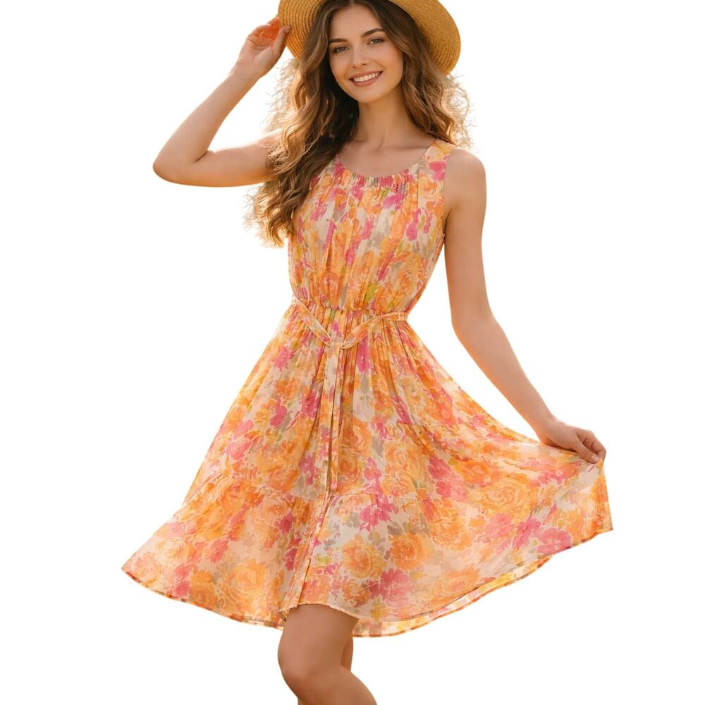 Garnet Hill Silk Dress Pink Peach Floral Sash Belt XS Fairy Whimsy Baby Shower